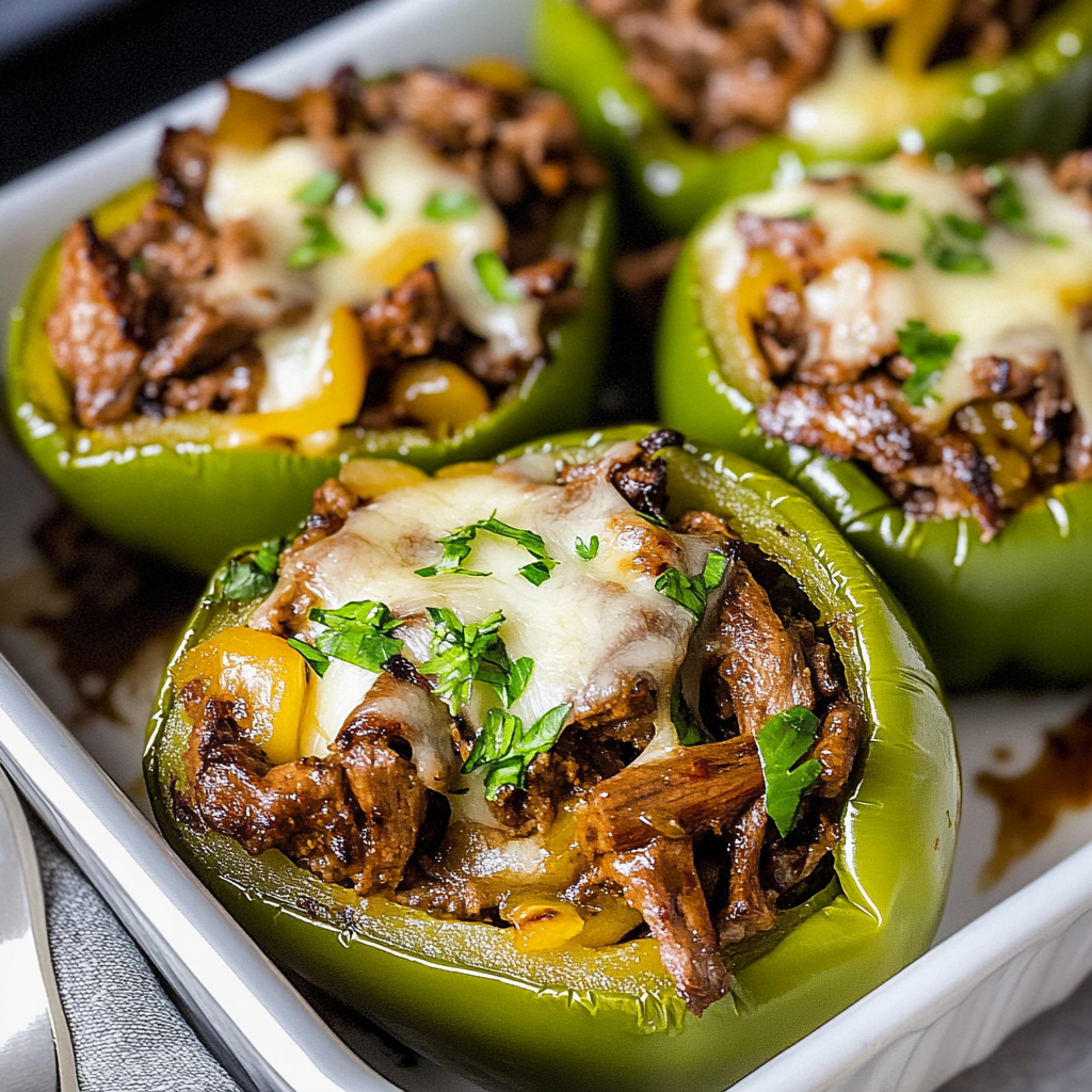 Recipe preparation for Keto Philly Cheesesteak Stuffed Peppers