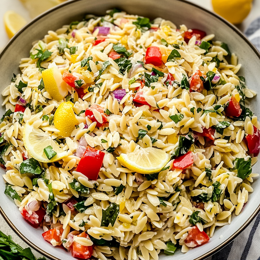 Recipe preparation for Orzo Pasta Salad with Lemon Vinaigrette
