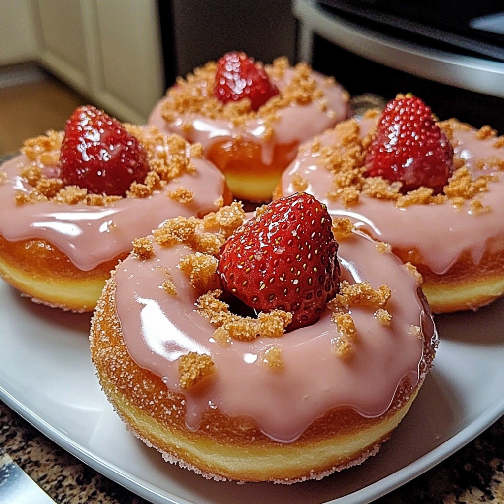 Recipe preparation for Freshly Glazed Strawberry Crunch Donuts