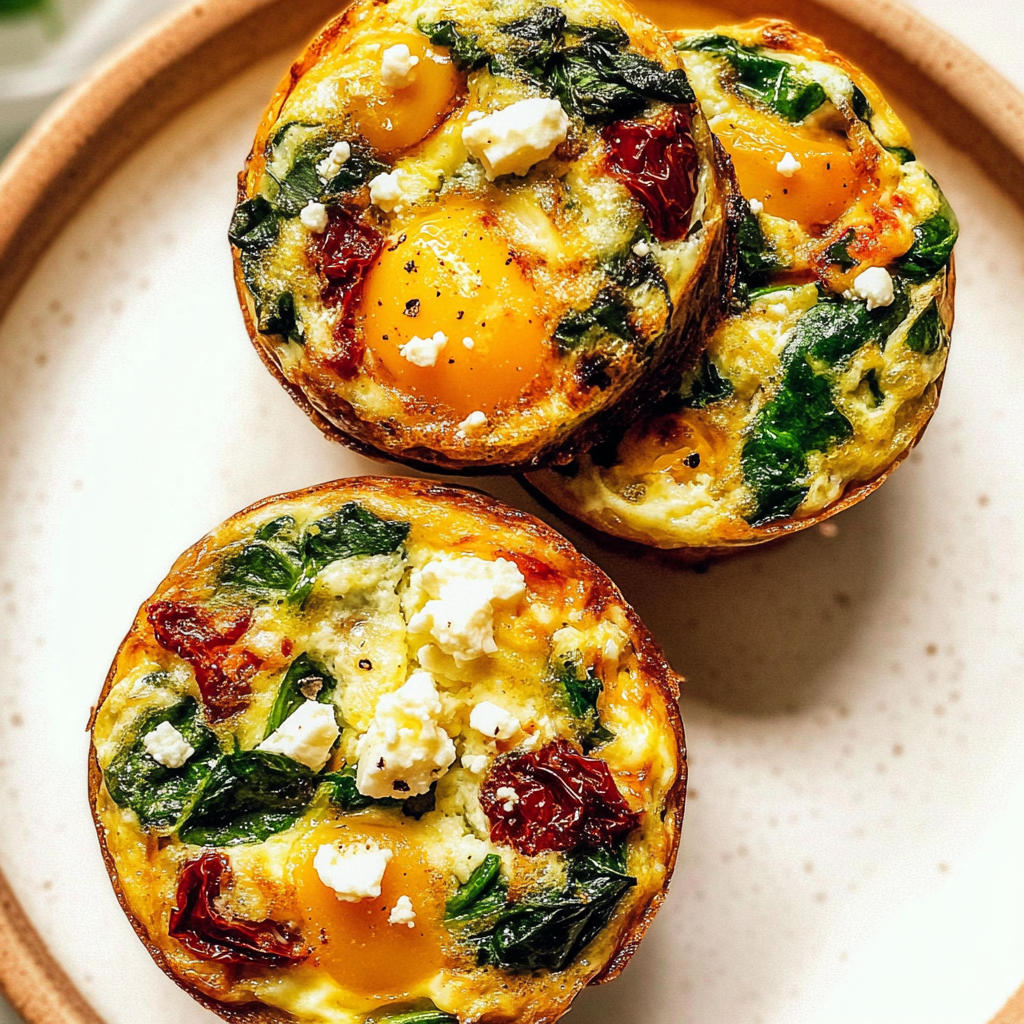 Recipe preparation for Spinach, Feta, and Sun-Dried Tomato Egg Muffin