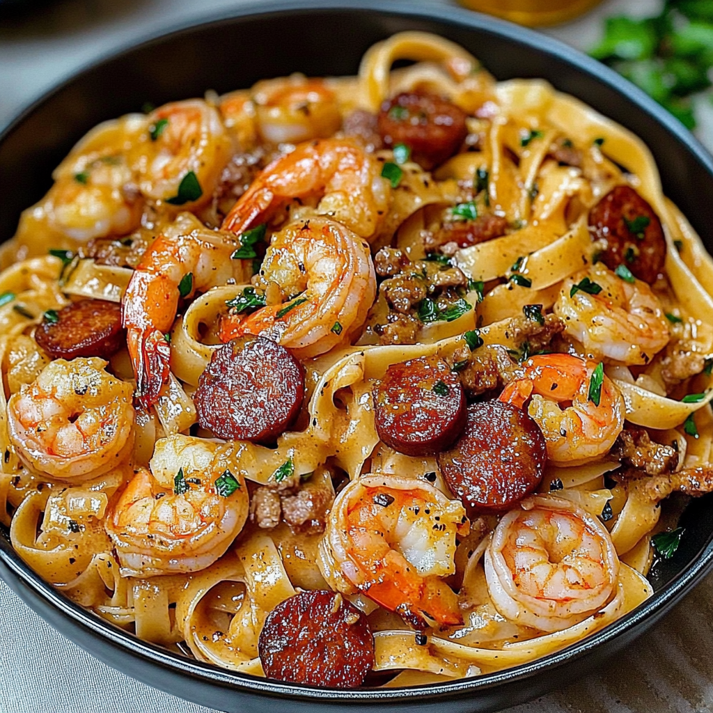 Recipe preparation for Creamy Cajun Shrimp Pasta with Sausage