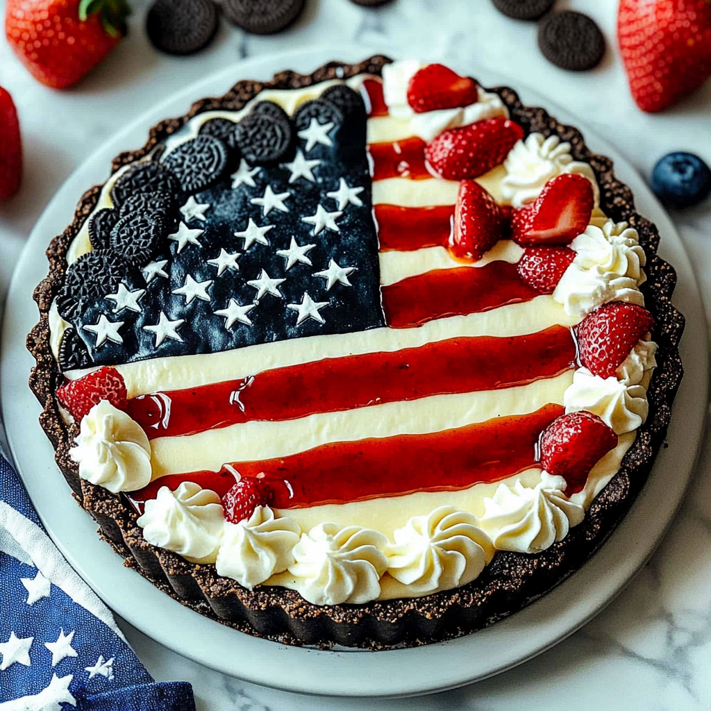 Recipe preparation for Oreo Cookie Crust Flag Pie