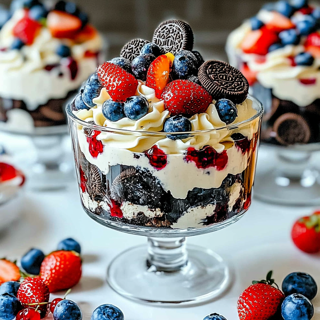 Recipe preparation for Oreo Trifle with Blueberries and Strawberries