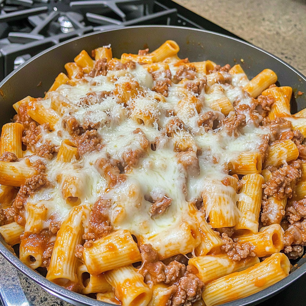 Recipe preparation for Cheesy Beef Rigatoni