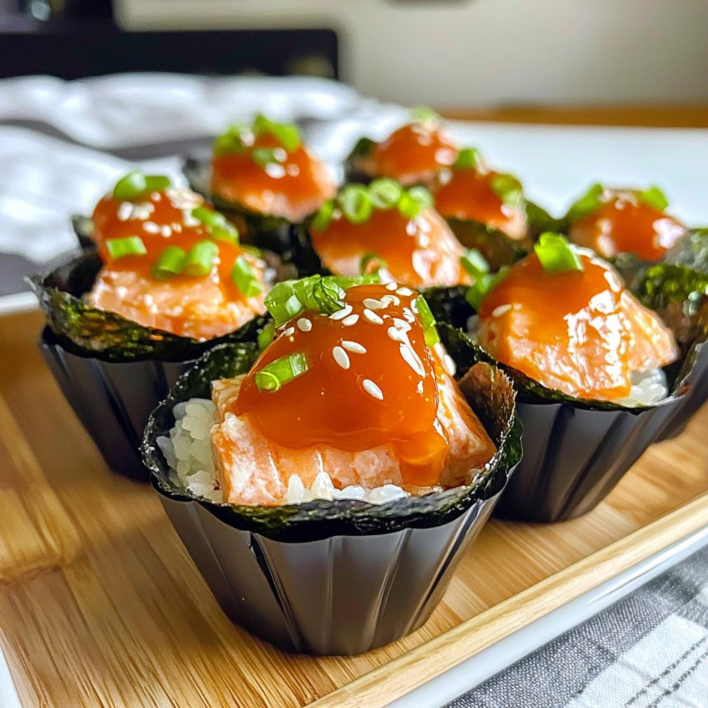 Recipe preparation for Spicy Salmon Sushi Cups