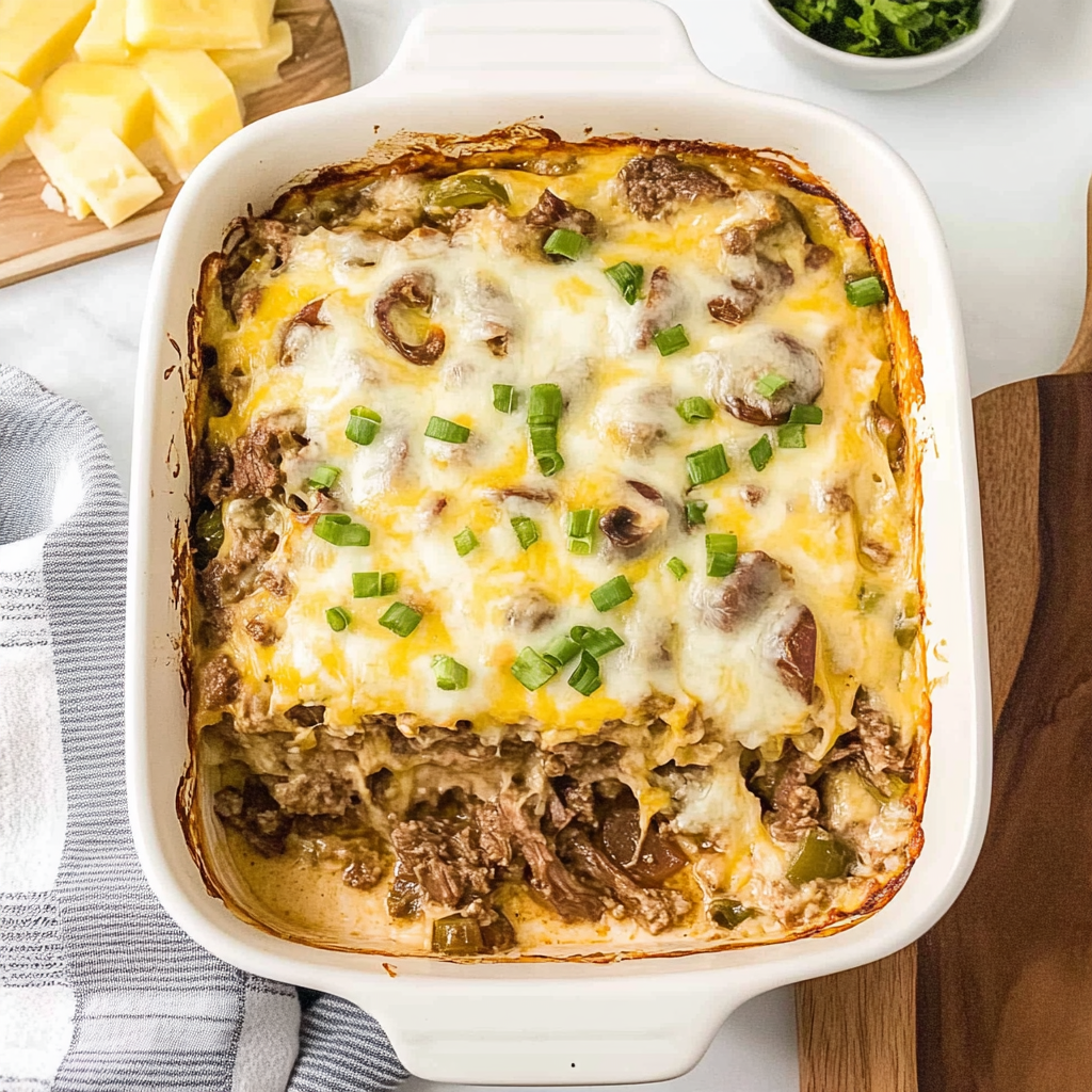 Recipe preparation for Cheesy Low Carb Philly Cheesesteak Casserole