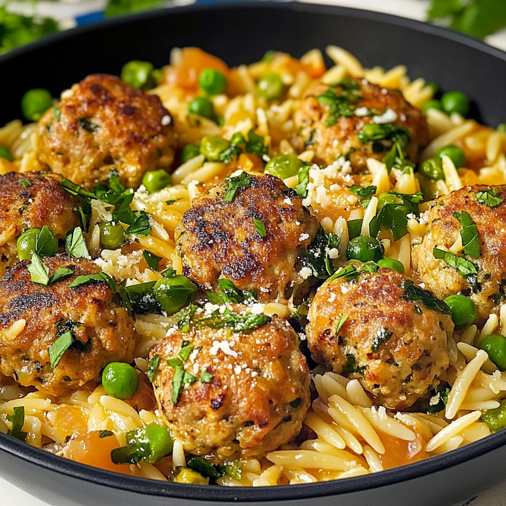 Recipe preparation for Mediterranean Chicken Meatballs and Orzo