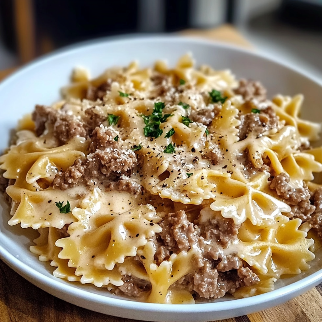 Recipe preparation for Creamy Parmesan Garlic Beef Bowtie Pasta