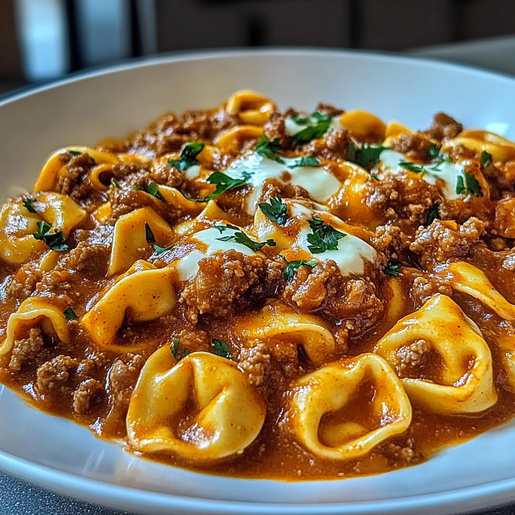 Recipe preparation for Cheesy Beef Enchilada Tortellini