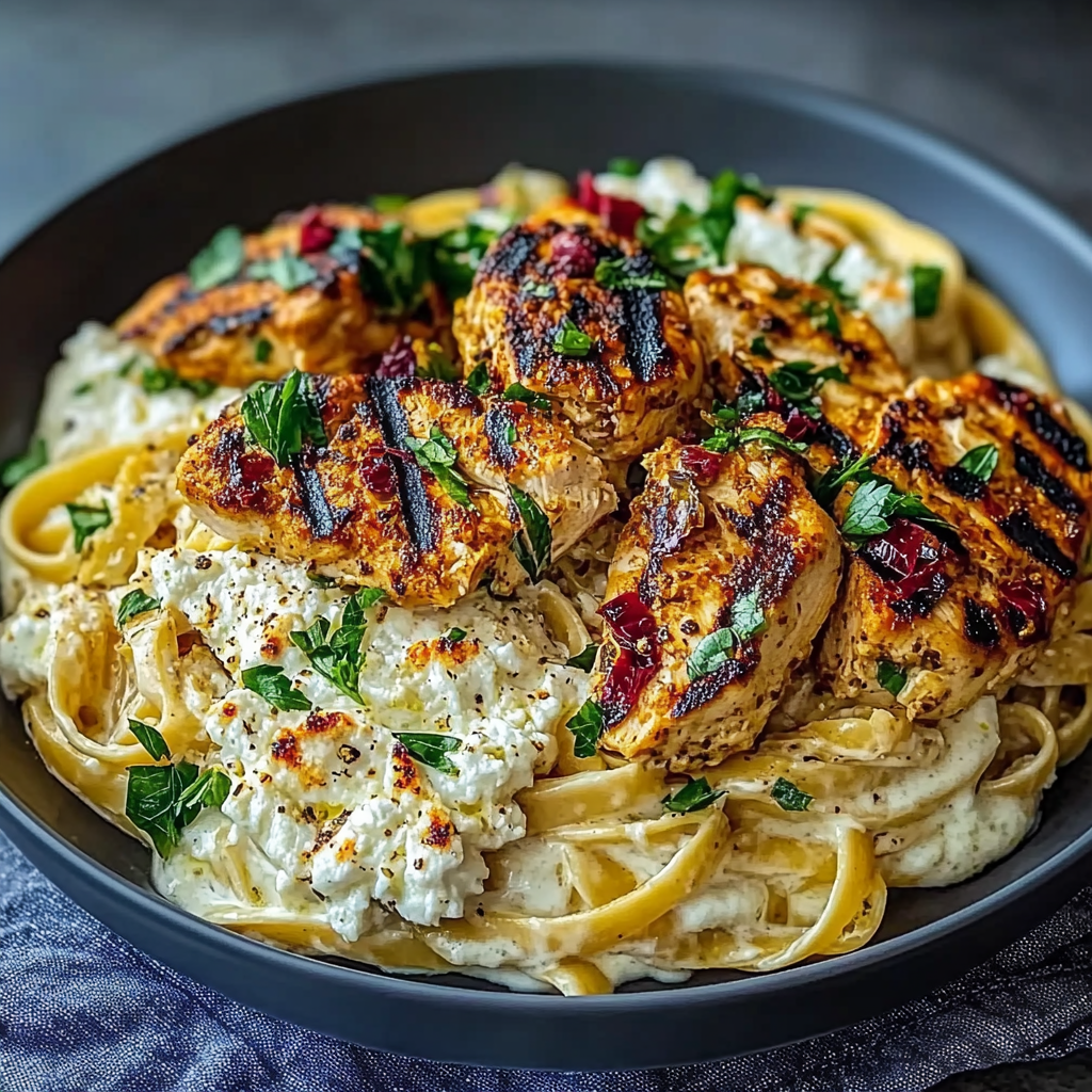 Recipe preparation for Spicy Whipped Feta Chicken Alfredo