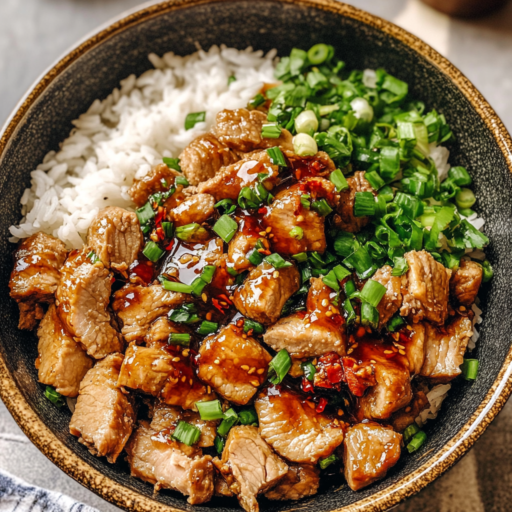 Recipe preparation for Honey Garlic Pork Rice Bowl