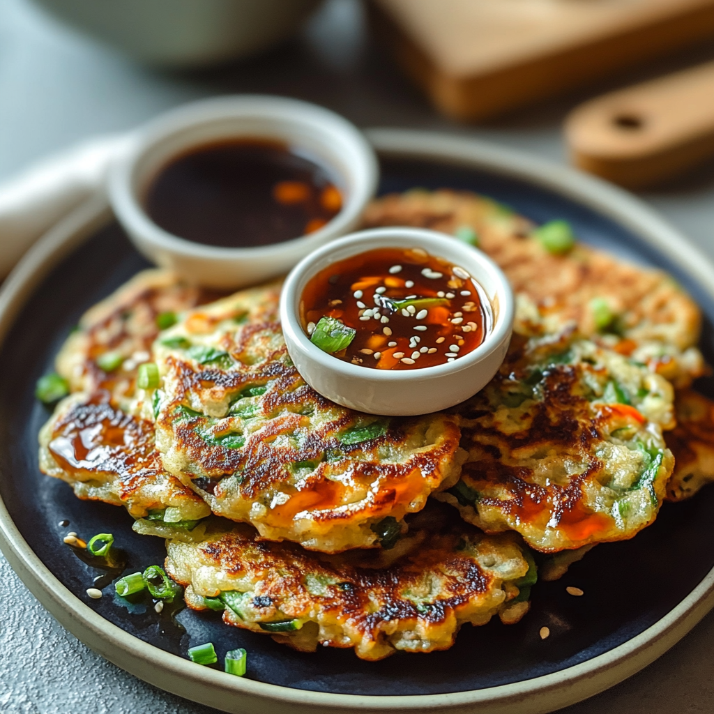 Recipe preparation for Veggie Pancakes with Asian Dipping Sauce