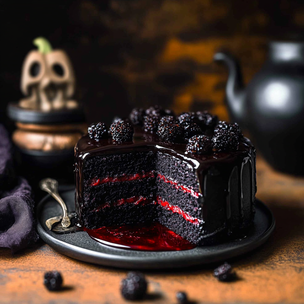 Recipe preparation for Spooky Black Velvet Halloween Cake