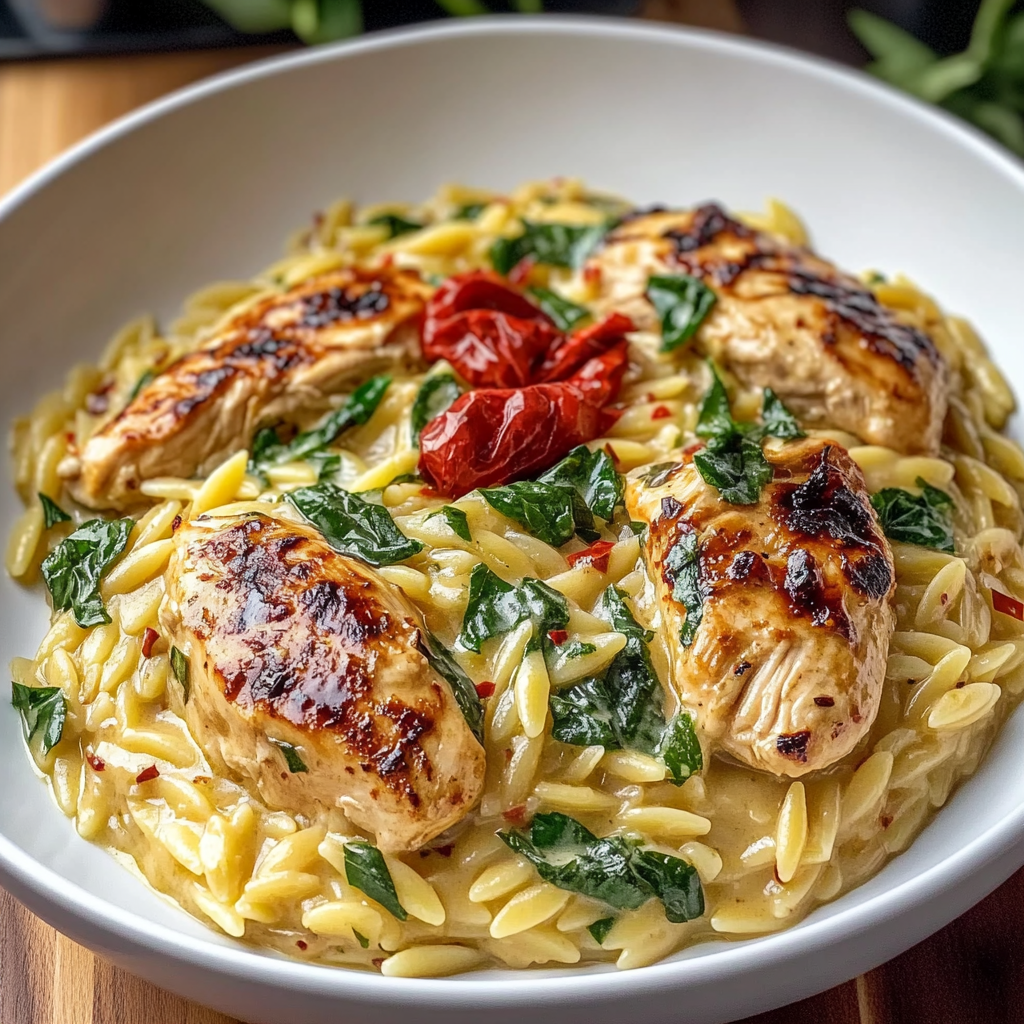 Recipe preparation for Slow Cooker Creamy Tuscan Chicken Orzo