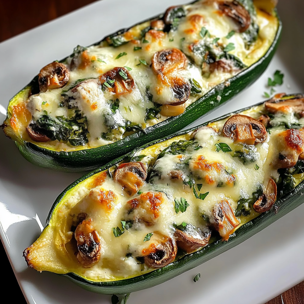 Recipe preparation for Spinach, Mushroom, and Ricotta Stuffed Zucchini Boats