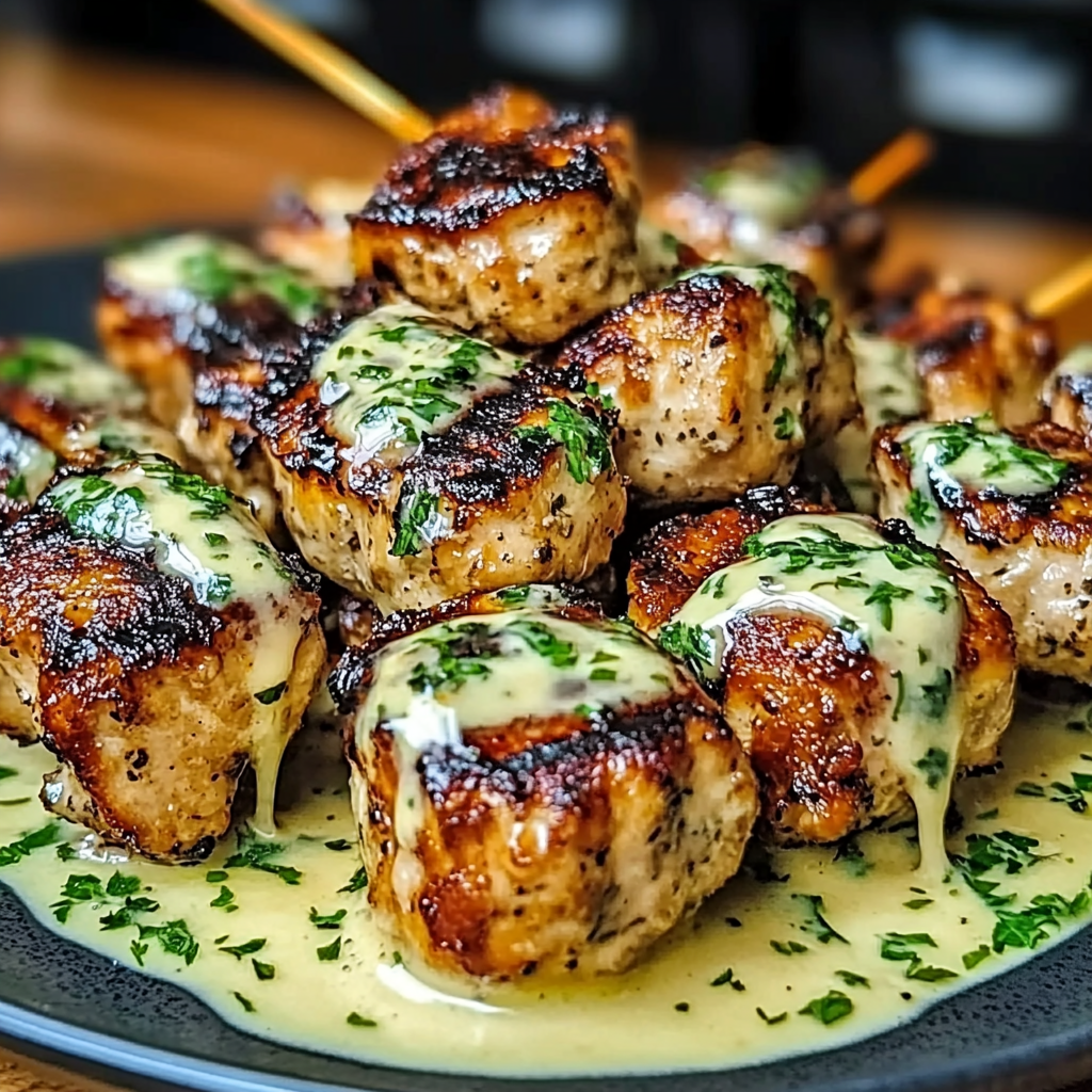 Recipe preparation for Delicious Grilled Chicken Bites with Creamy Garlic Sauce