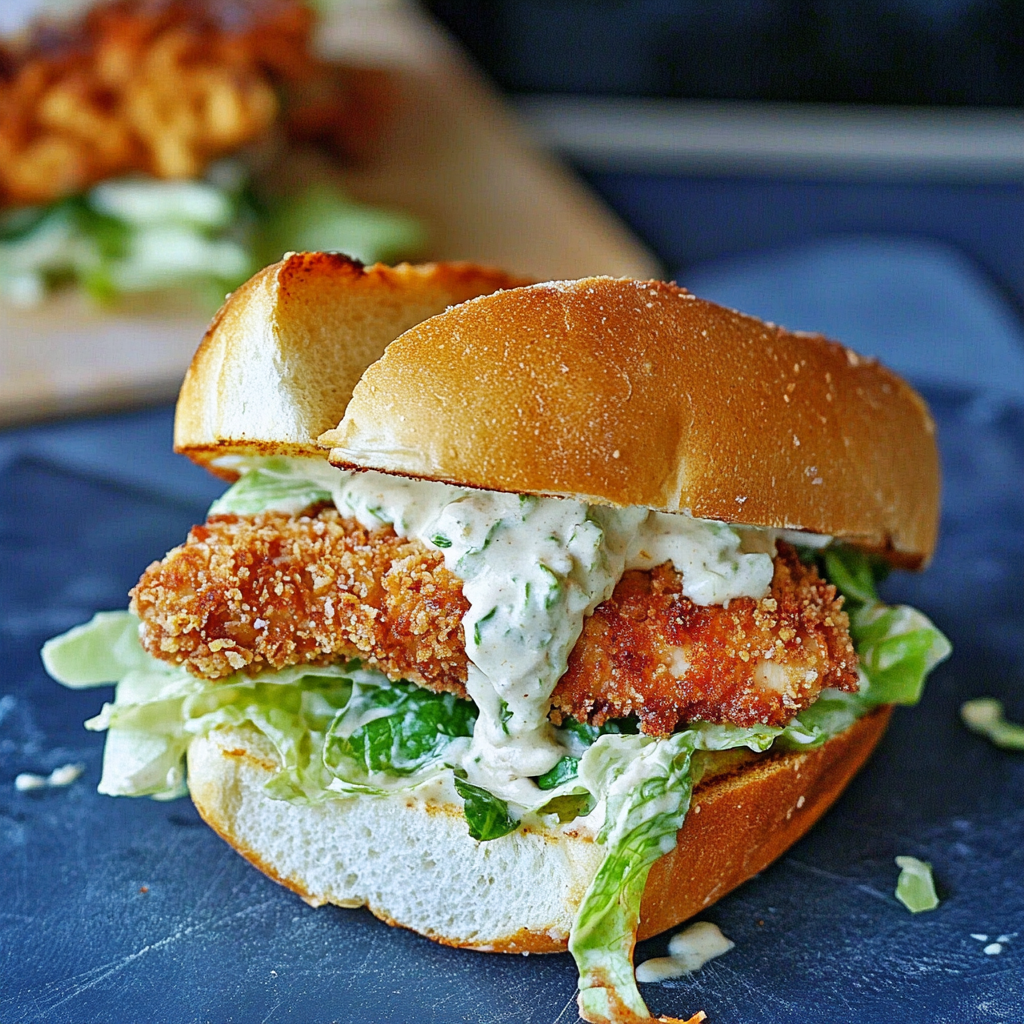 Recipe preparation for Crispy Chicken Caesar Sandwich