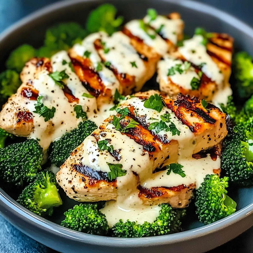 Recipe preparation for Grilled Chicken & Broccoli Bowls with Creamy Garlic Sauce