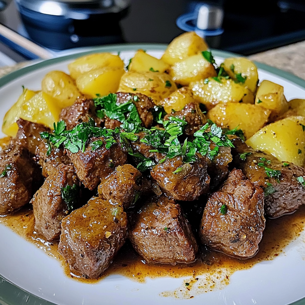 Recipe preparation for Slow Cooker Garlic Butter Steak Bites & Potatoes