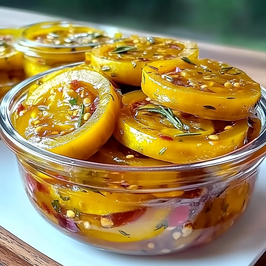 Recipe preparation for Sweet and Tangy Yellow Squash Pickles