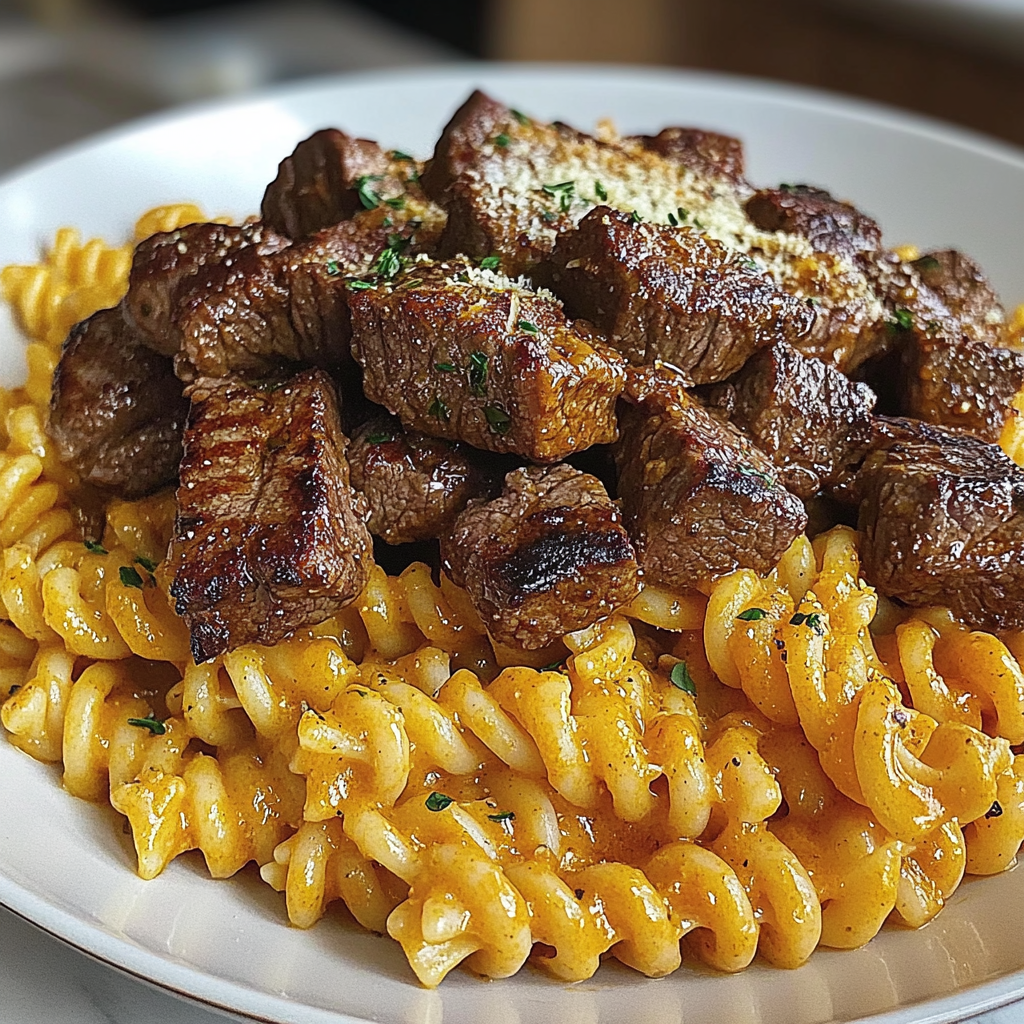 Recipe preparation for Cajun Steak Tips Parmesan Rotini