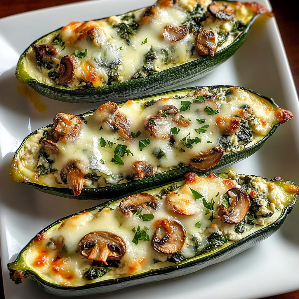Recipe preparation for Spinach, Mushroom, and Ricotta Stuffed Zucchini Boats