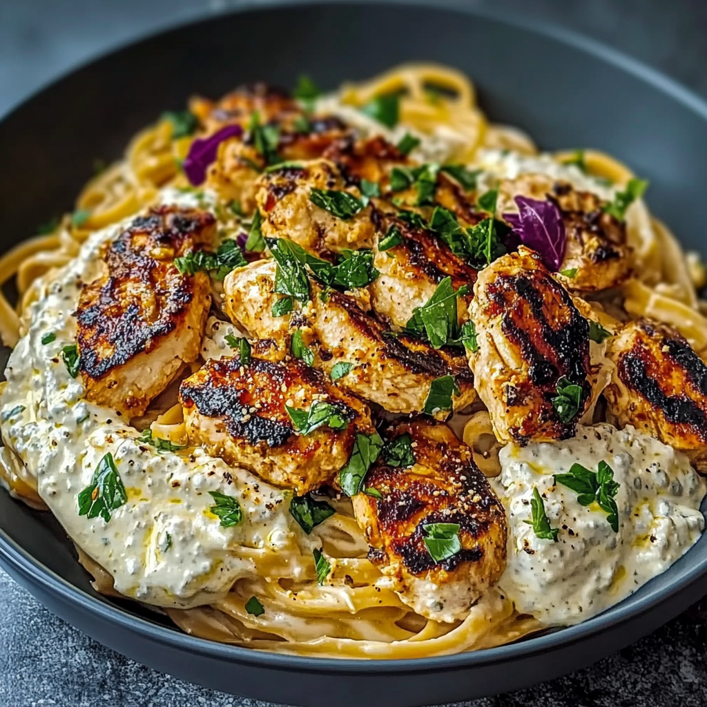 Recipe preparation for Spicy Whipped Feta Chicken Alfredo