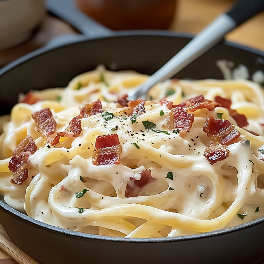 Recipe preparation for Creamy Bacon Pasta
