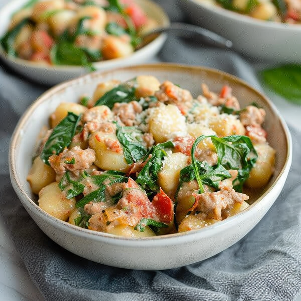 Recipe preparation for One-Pot Creamy Sausage Gnocchi with Spinach
