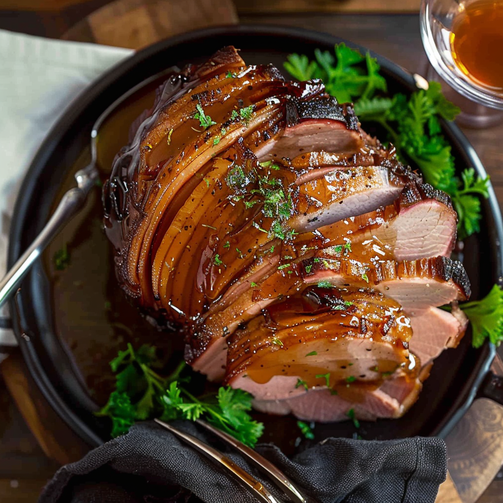 Recipe preparation for Bourbon Maple Glazed Ham