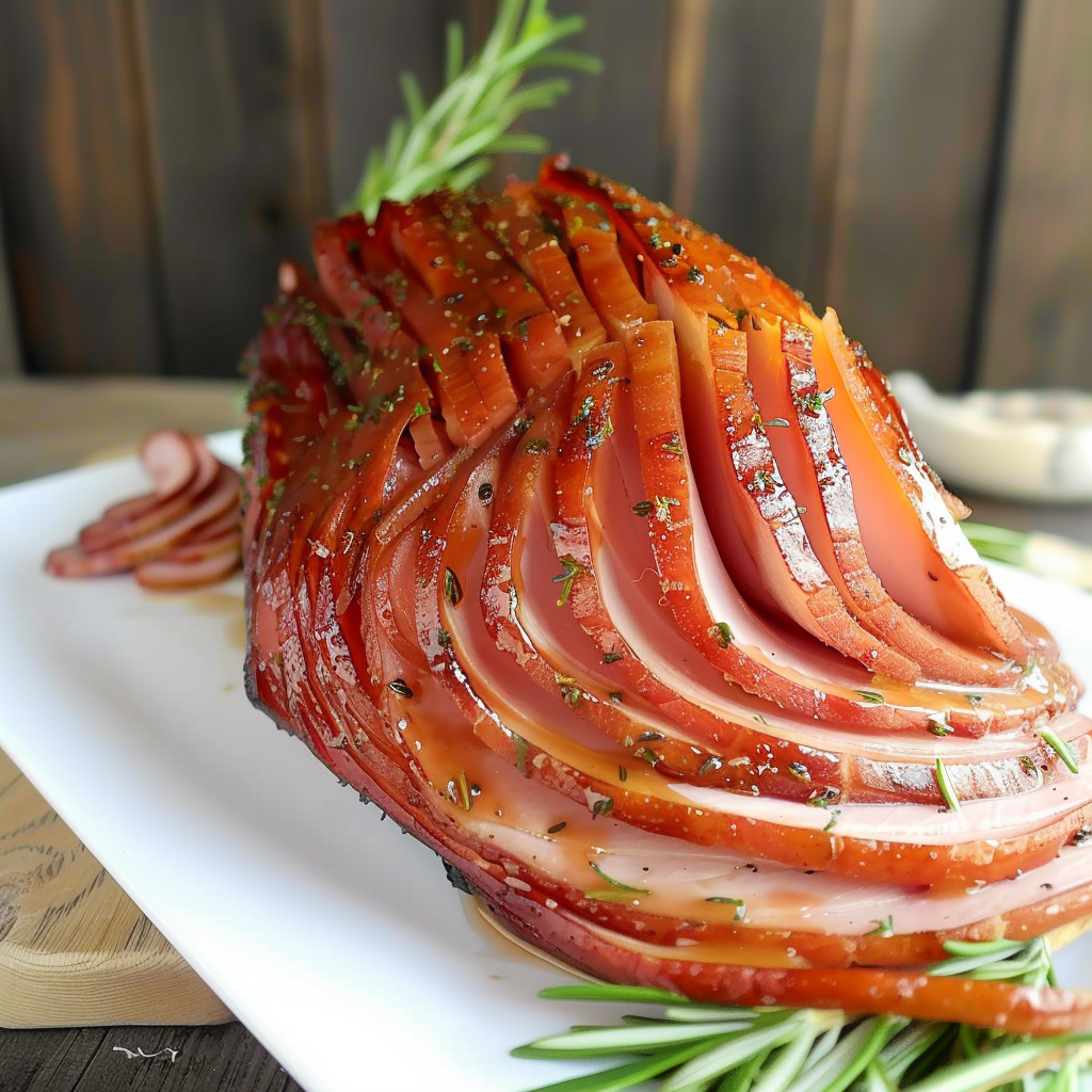 Recipe preparation for Maple-Glazed Spiral Ham with Rosemary
