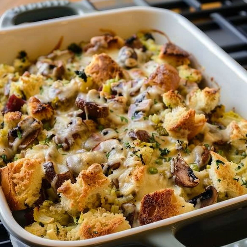 Recipe preparation for Creamy Mushroom & Leek Bread Pudding Casserole