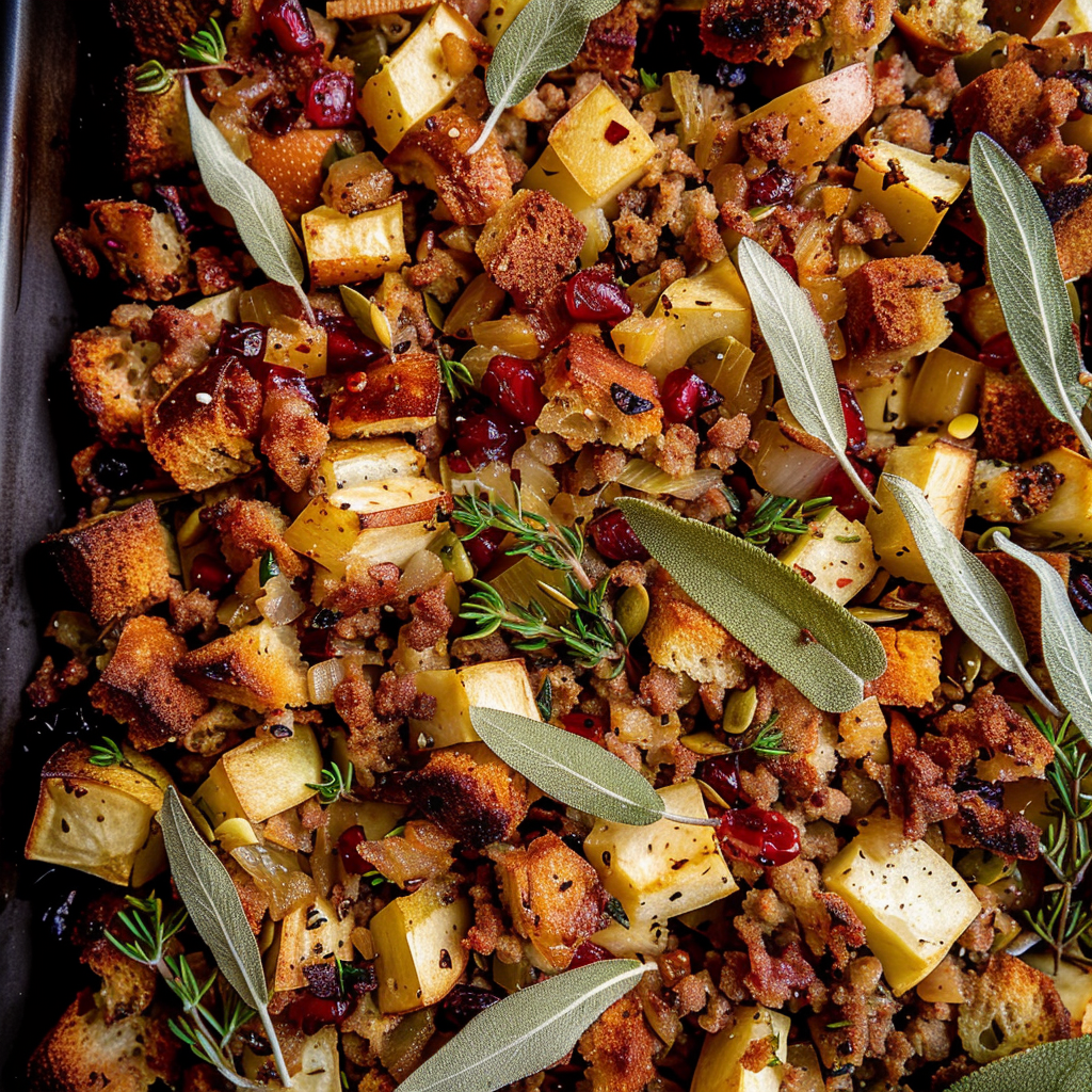 Recipe preparation for Apple-Cranberry Sausage Stuffing