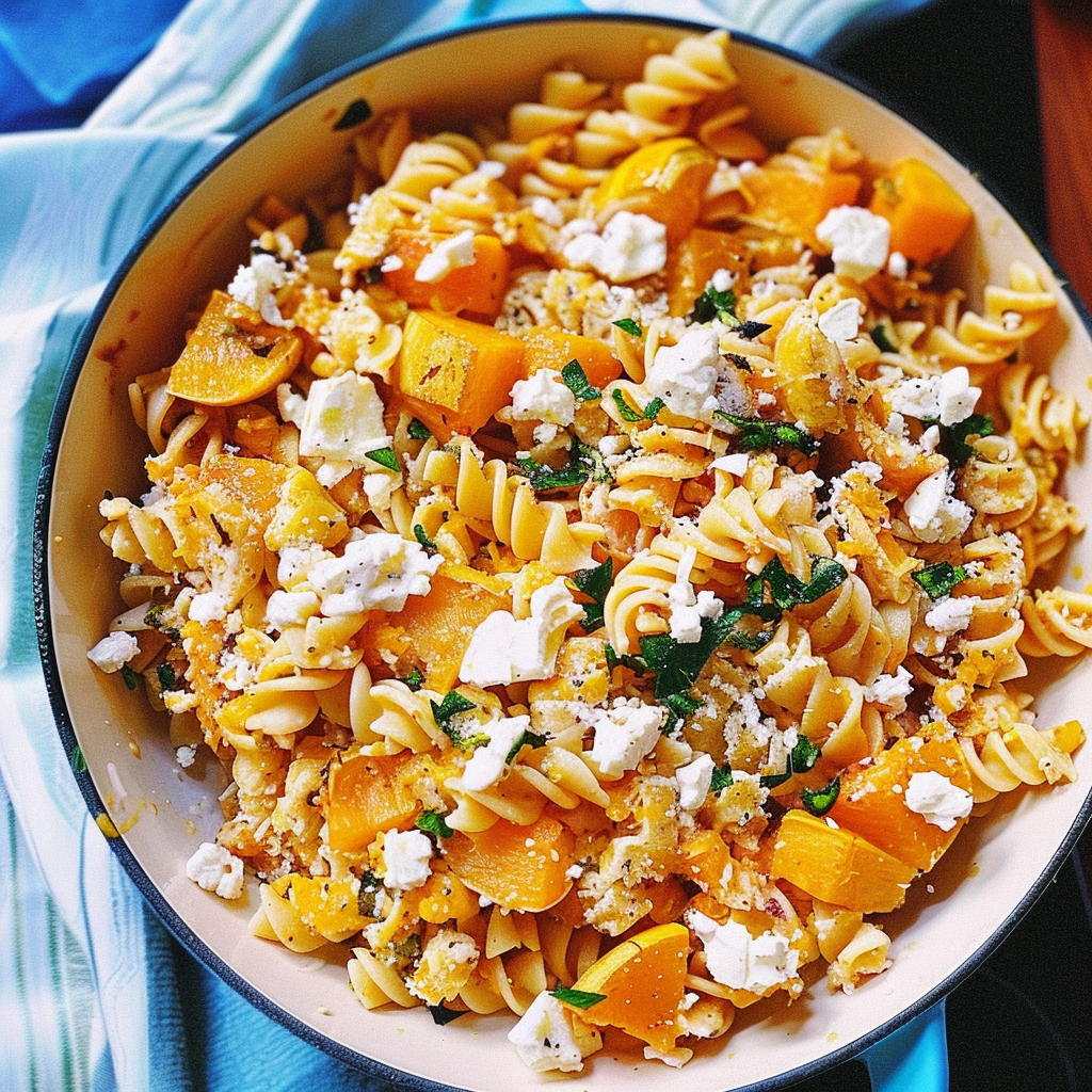Recipe preparation for Baked Feta Pasta with Butternut Squash