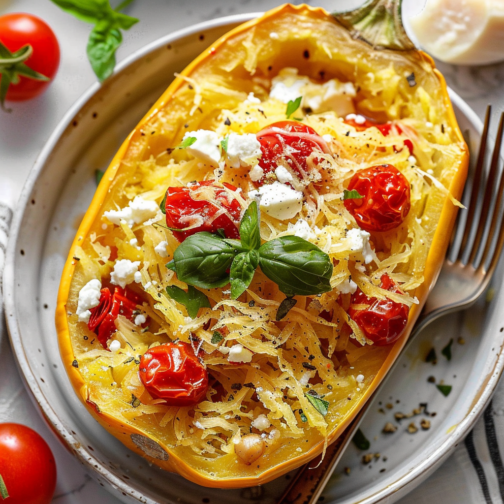 Recipe preparation for Tomato Feta Baked Spaghetti Squash
