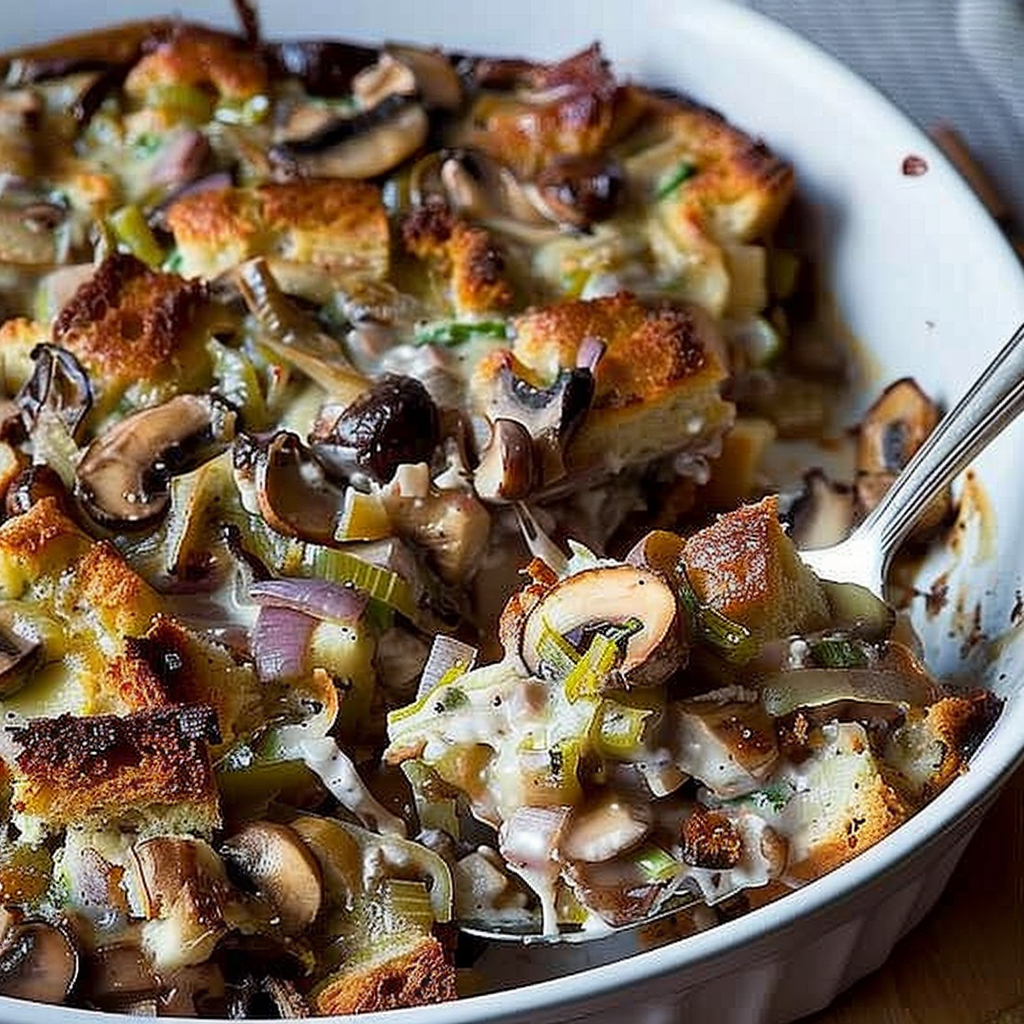 Recipe preparation for Mushroom & Leek Bread Pudding