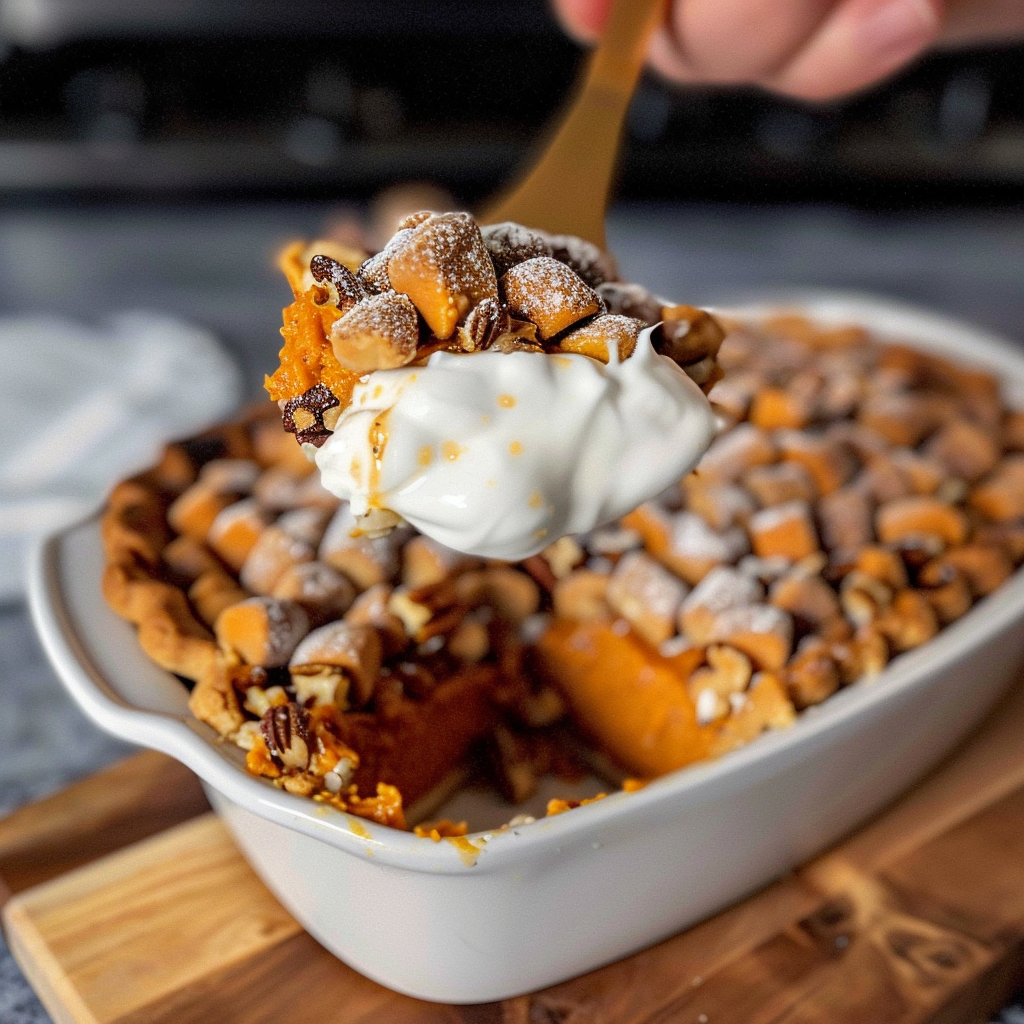 Recipe preparation for Sweet Potato Pie with Marshmallow & Toasted Pecan Topping