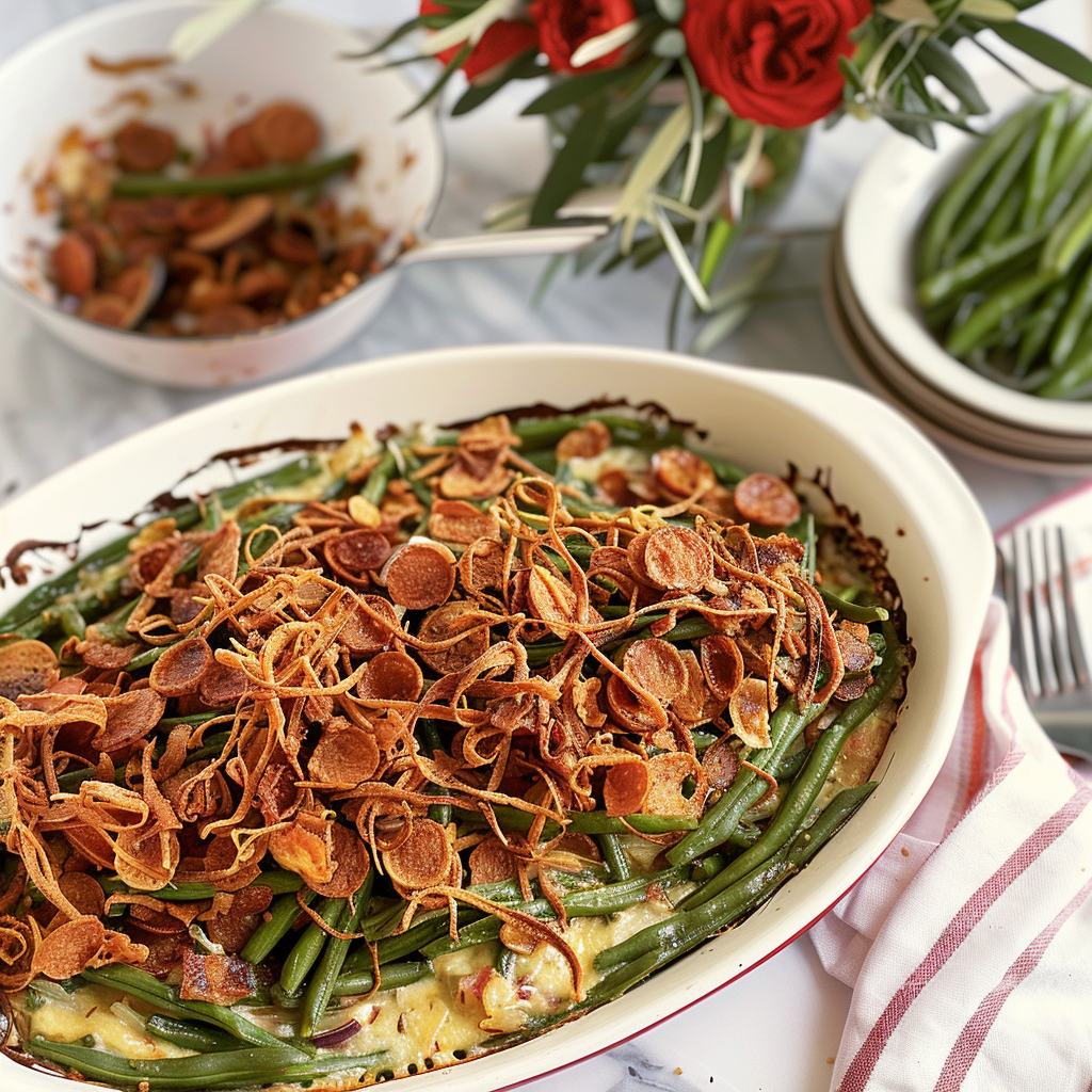 Recipe preparation for Green Bean Casserole with Crispy Shallots