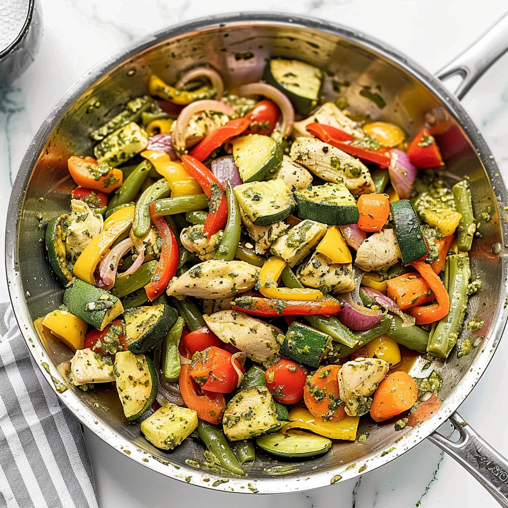 Recipe preparation for Budget Friendly Dinner Pesto Chicken and Veggies