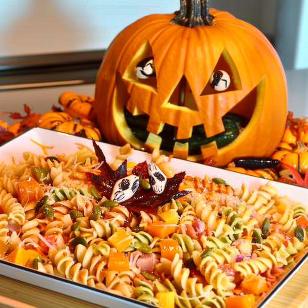 Recipe preparation for Easy Halloween Pumpkin Face Pasta Salad