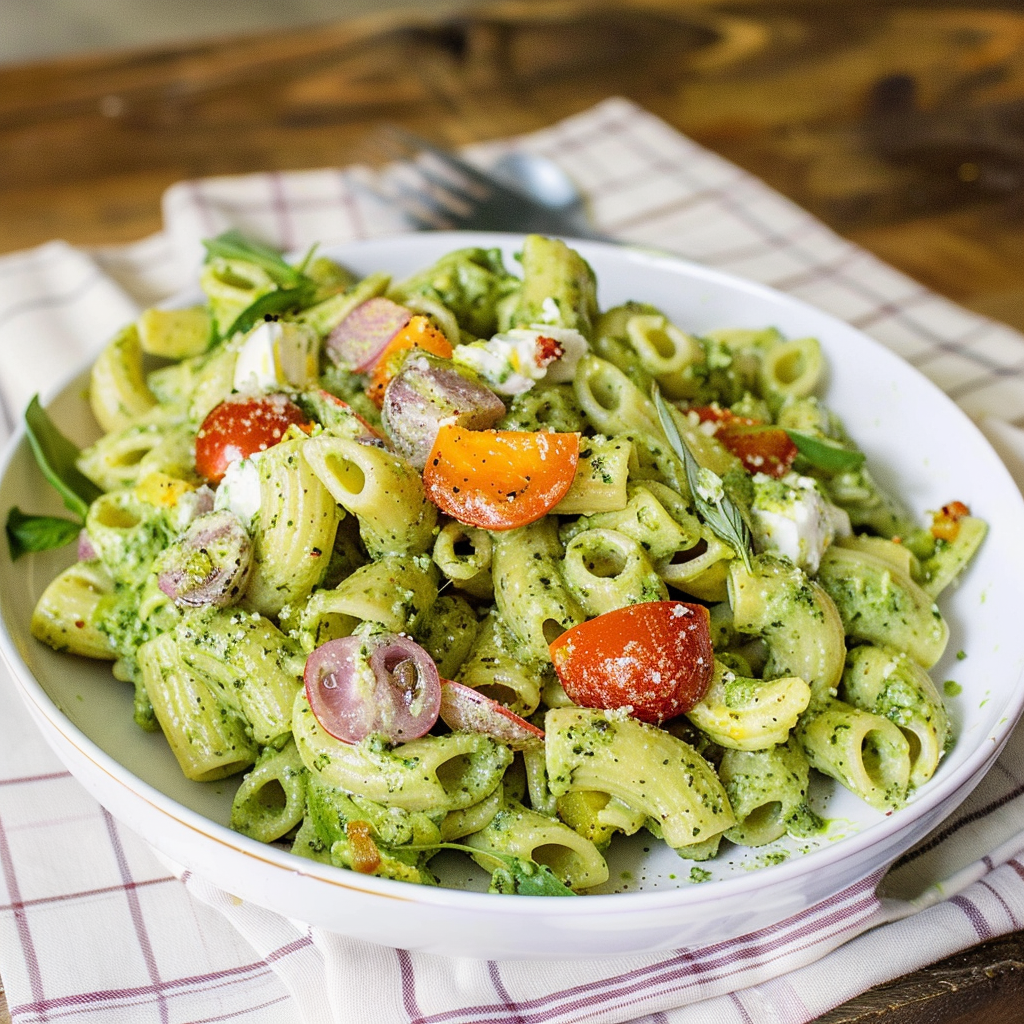 Recipe preparation for Creamy Pesto Pasta Salad