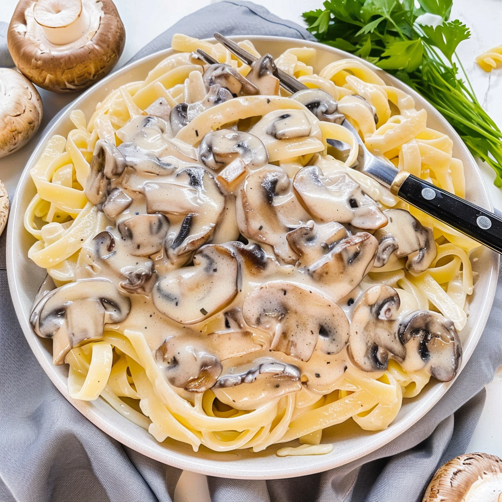 Recipe preparation for Easy Mushroom Alfredo Pasta