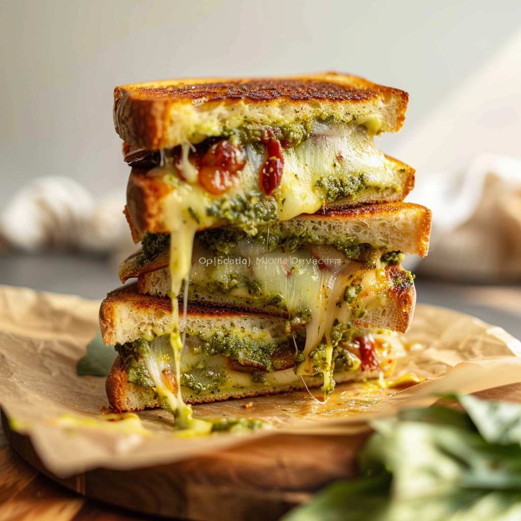 Recipe preparation for Sourdough Pesto Grilled Cheese