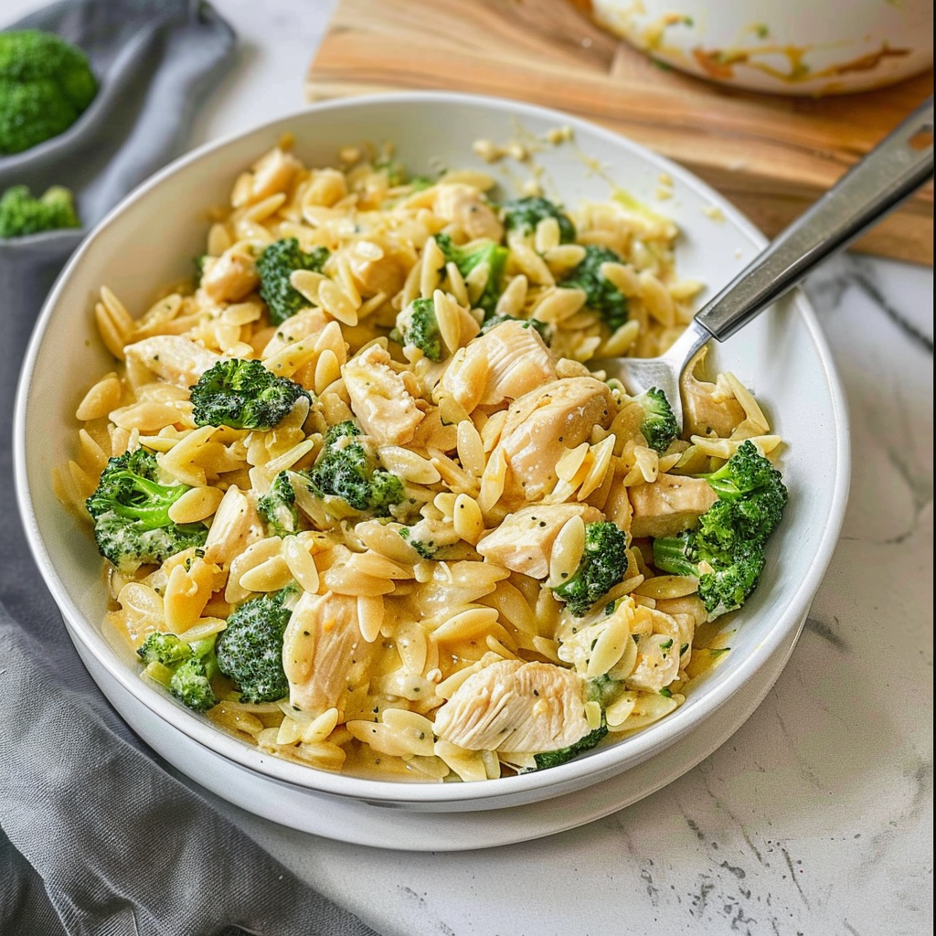 Recipe preparation for Cheesy Chicken Broccoli Orzo