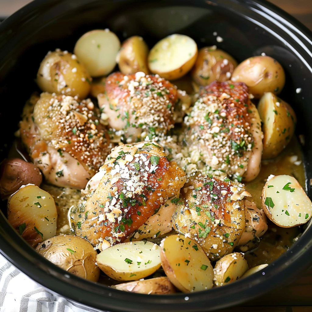 Recipe preparation for Garlic Parmesan Crockpot Chicken and Potatoes