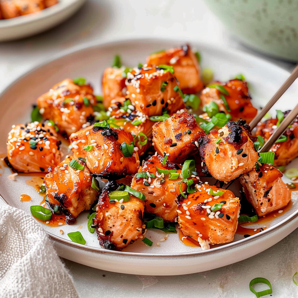 Recipe preparation for Crispy Bang Bang Salmon Bites