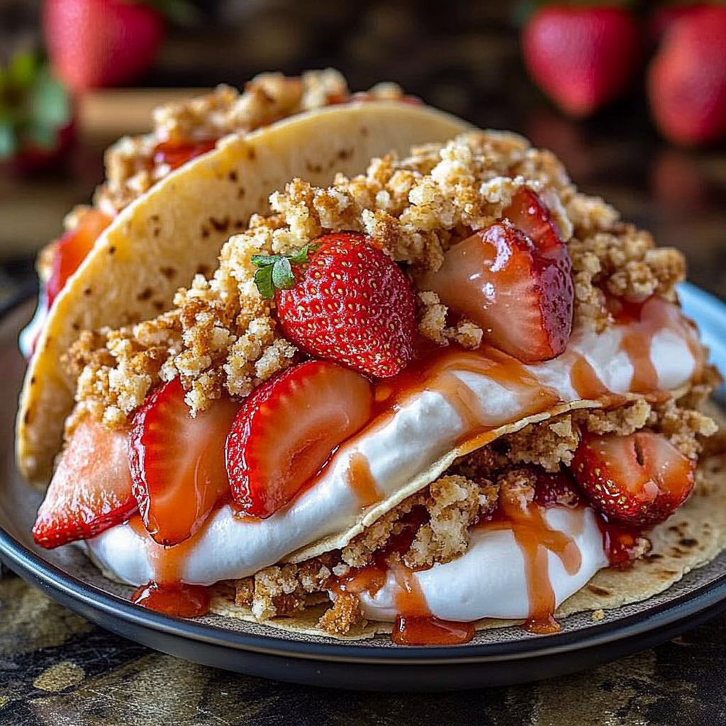 Recipe preparation for Strawberry Crunch Cheesecake Tacos