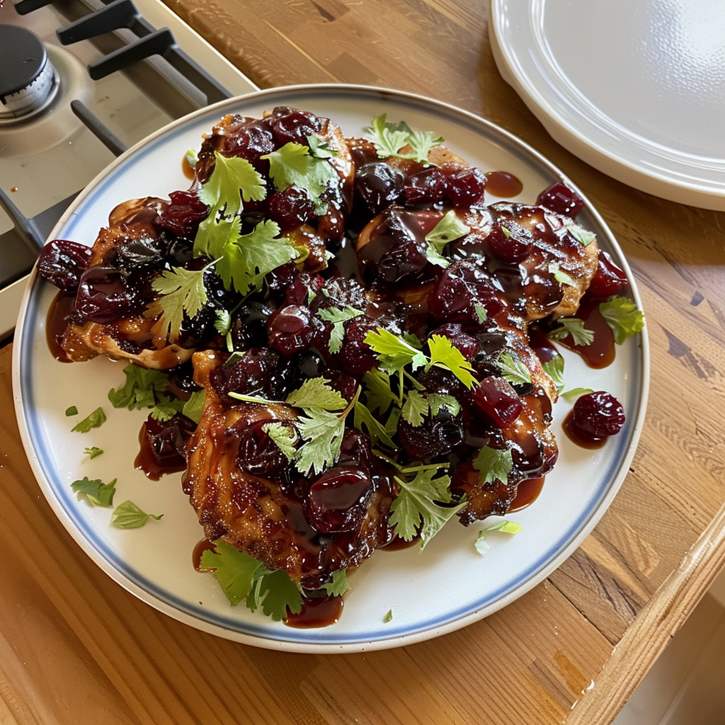 Recipe preparation for Sticky Cherry Chicken Thighs