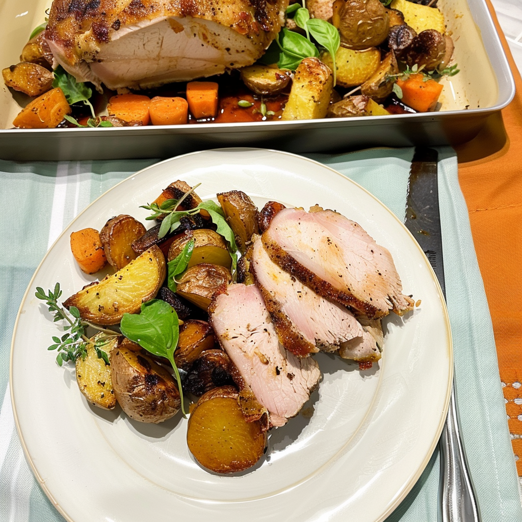 Recipe preparation for Maple-Chipotle Glazed Pork Loin with Roasted Root Veggies