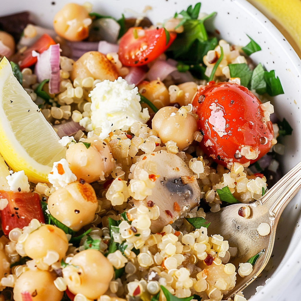 Recipe preparation for Mediterranean Chickpea Quinoa Bowl